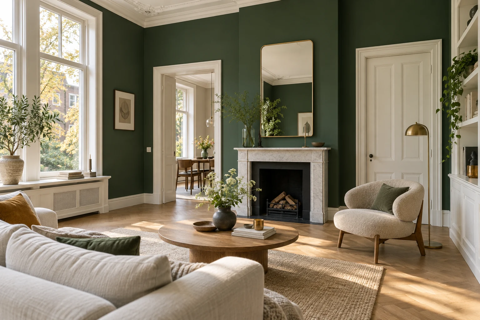 AI-sfeerbeeld: woonkamer met groene muren, witte kozijnen en een houten vloer; geen eigen project